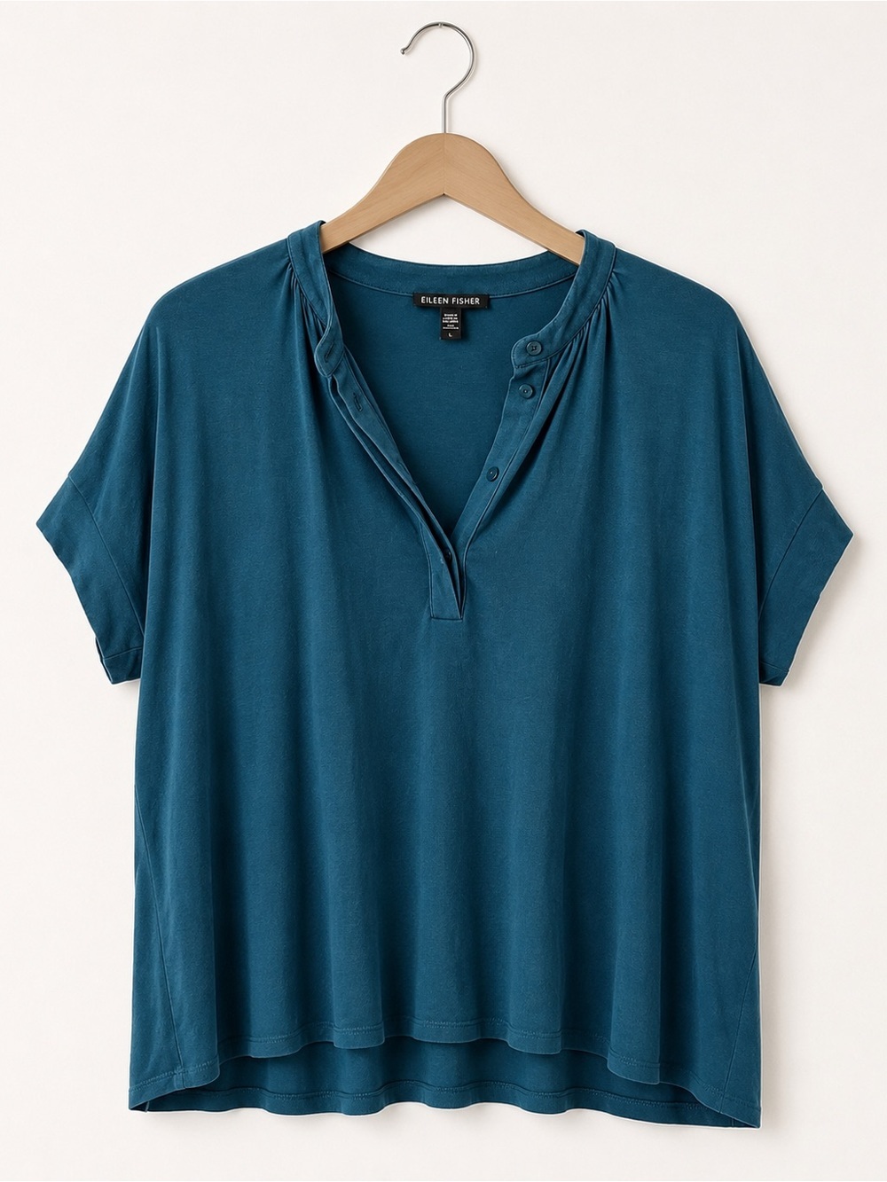 Eileen Fisher Teal TENCEL™ Lyocell Henley Tee | Relaxed Fit | Small - Picture 2 of 8